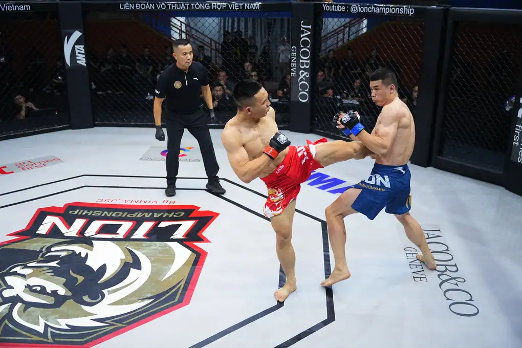 Mixed martial arts fight in a cage with two fighters and referee.