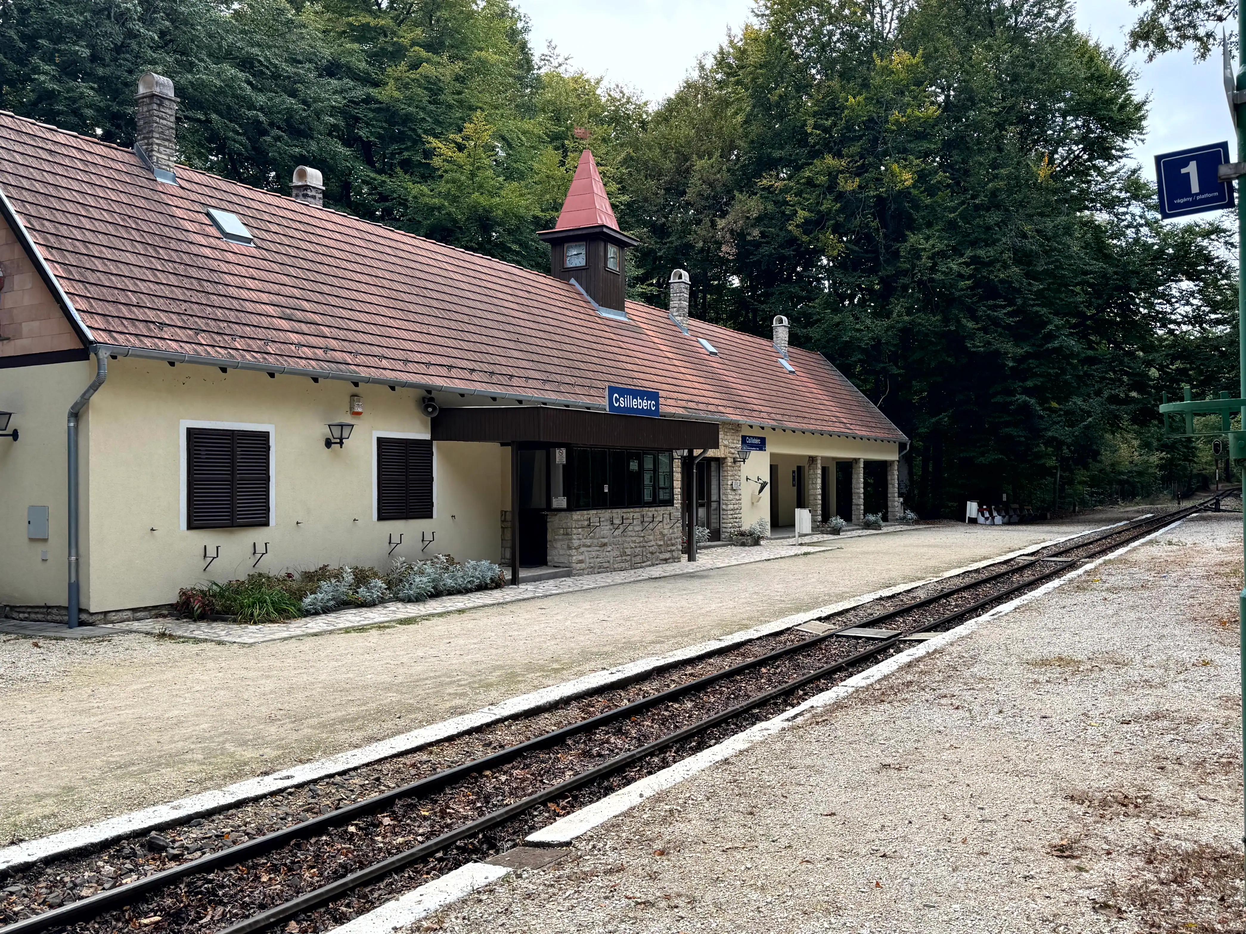 Train station with platform and tracks in Hungary.