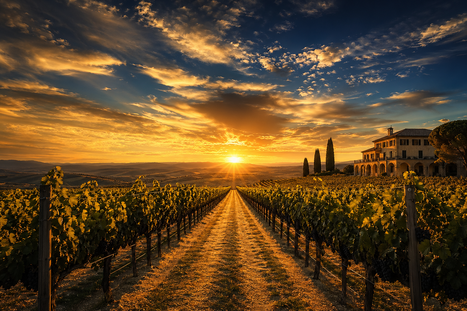 Vineyard rows at sunset with vibrant sky in the background.