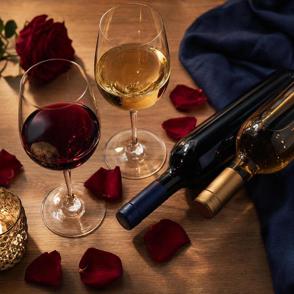 Elegant wine setup with red and white wine glasses, a bottle of Koch wine, and scattered rose petals.