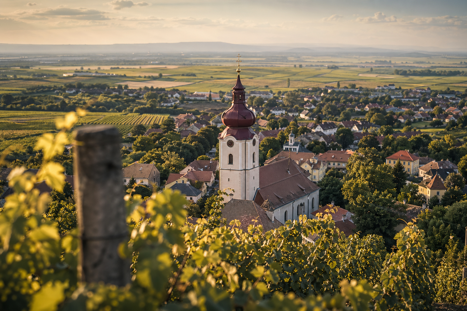Vineyard and village view in Hungary, showcasing lush greenery and traditional architecture.