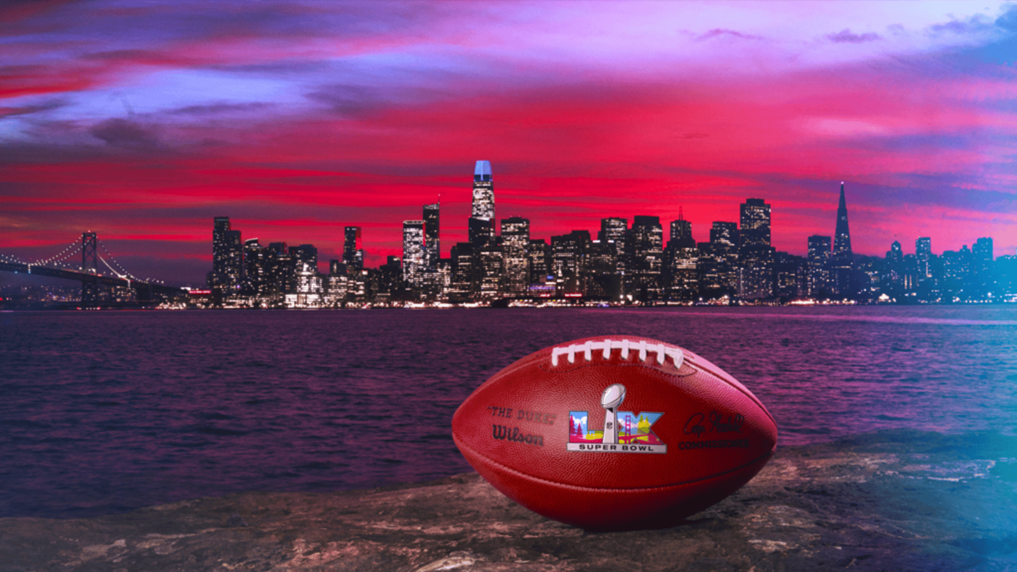 City skyline at sunset with football on foreground, showcasing New York City’s iconic skyline and vi.