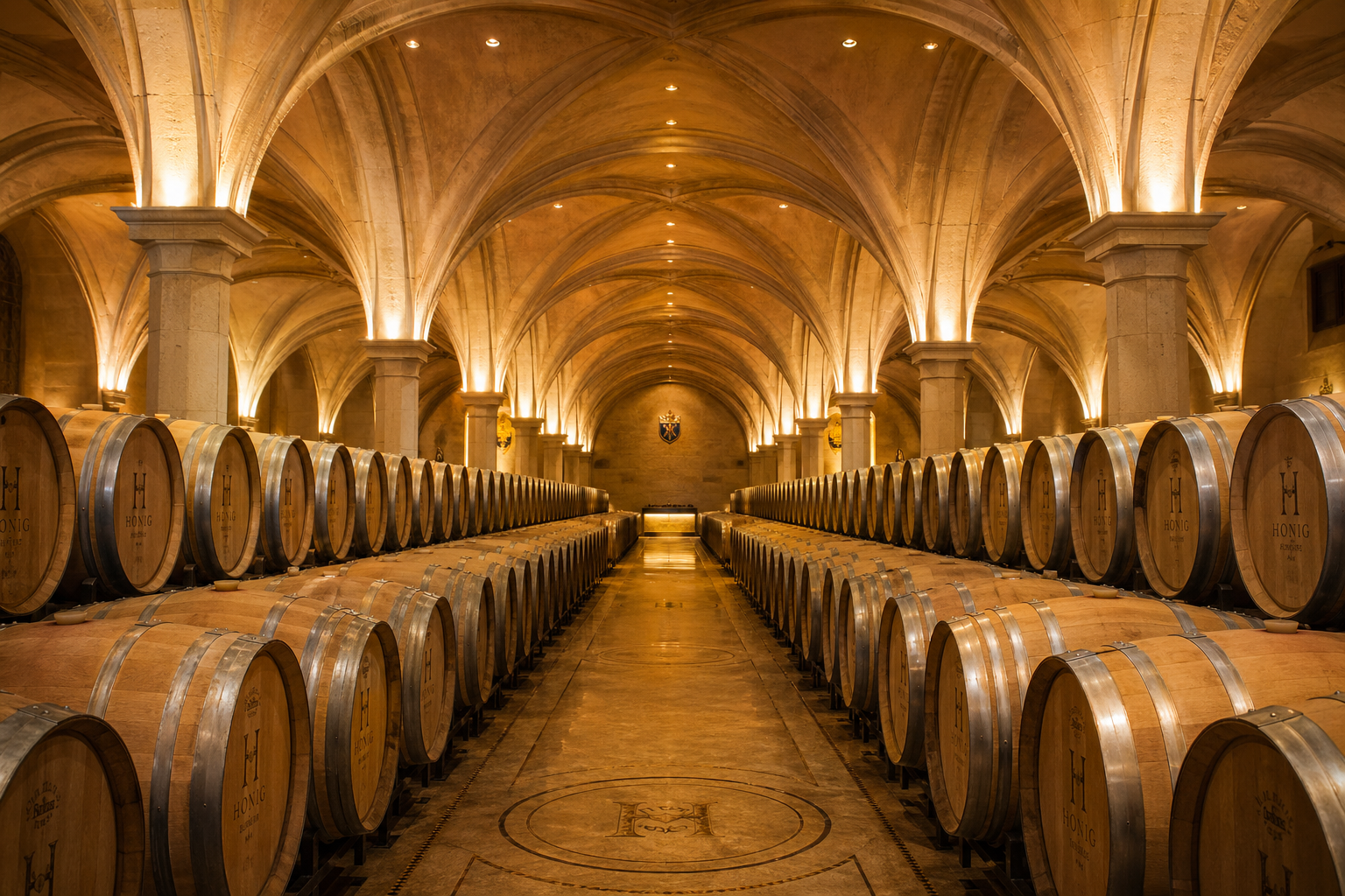 Wine cellar with rows of wooden barrels in a cozy, underground setting.