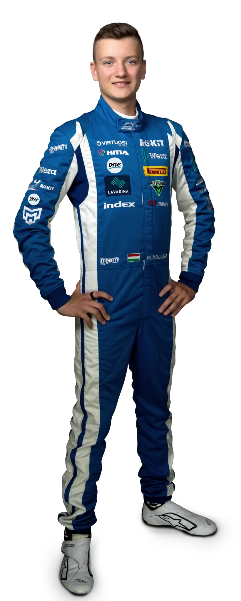 Martin Molnár full-length portrait in racing suit