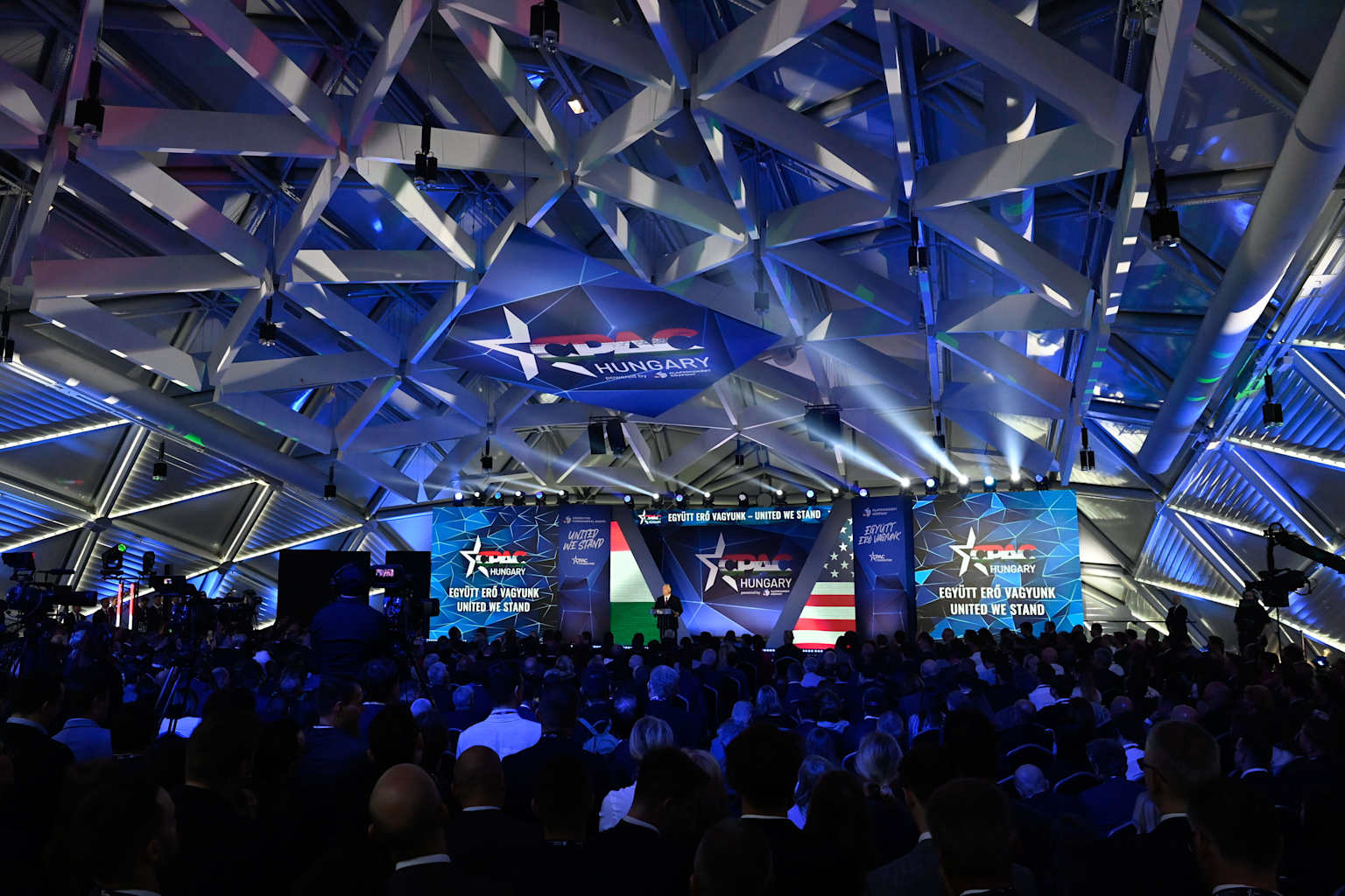 Wide view of CPAC Hungary 2026 audience and stage during main conference sessions in Budapest