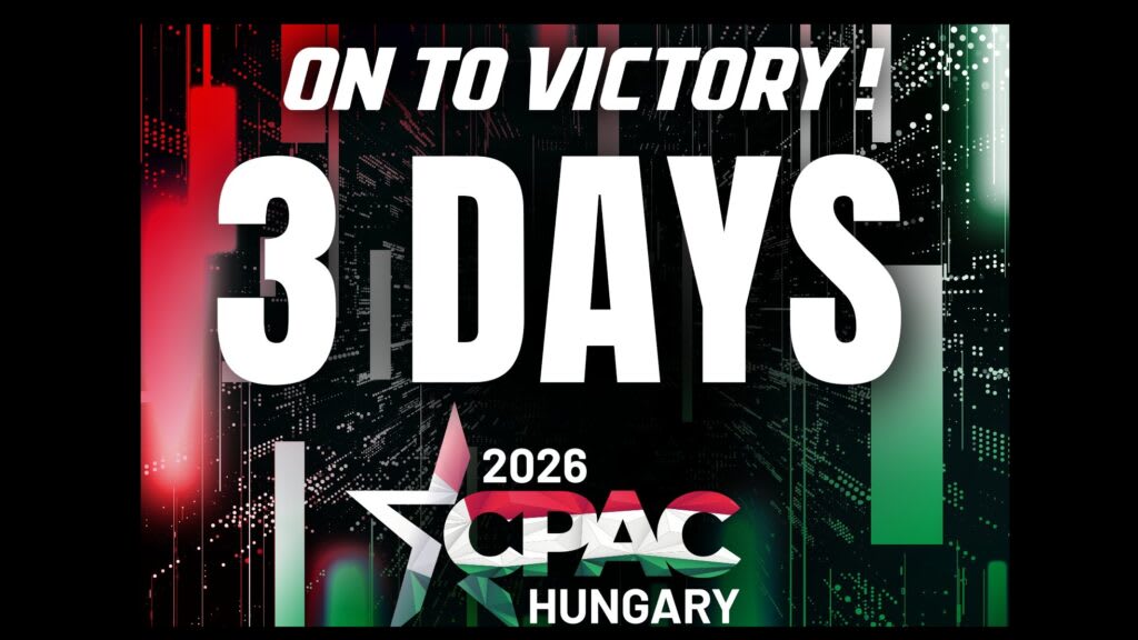 CPAC Hungary 2026 countdown promotional materials with On to Victory campaign branding