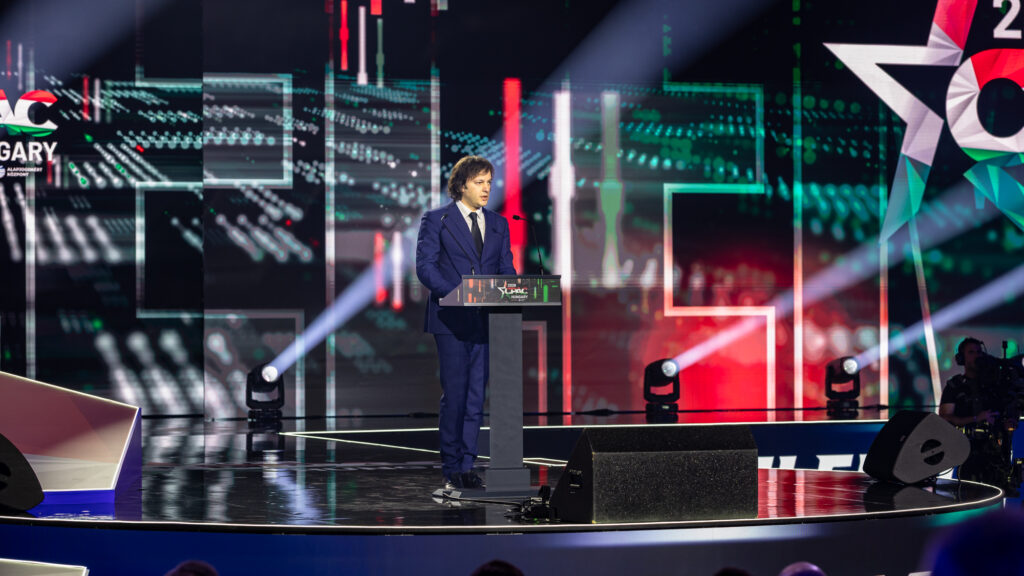 Georgian Prime Minister Irakli Kobakhidze speaking at CPAC Hungary 2026 stage