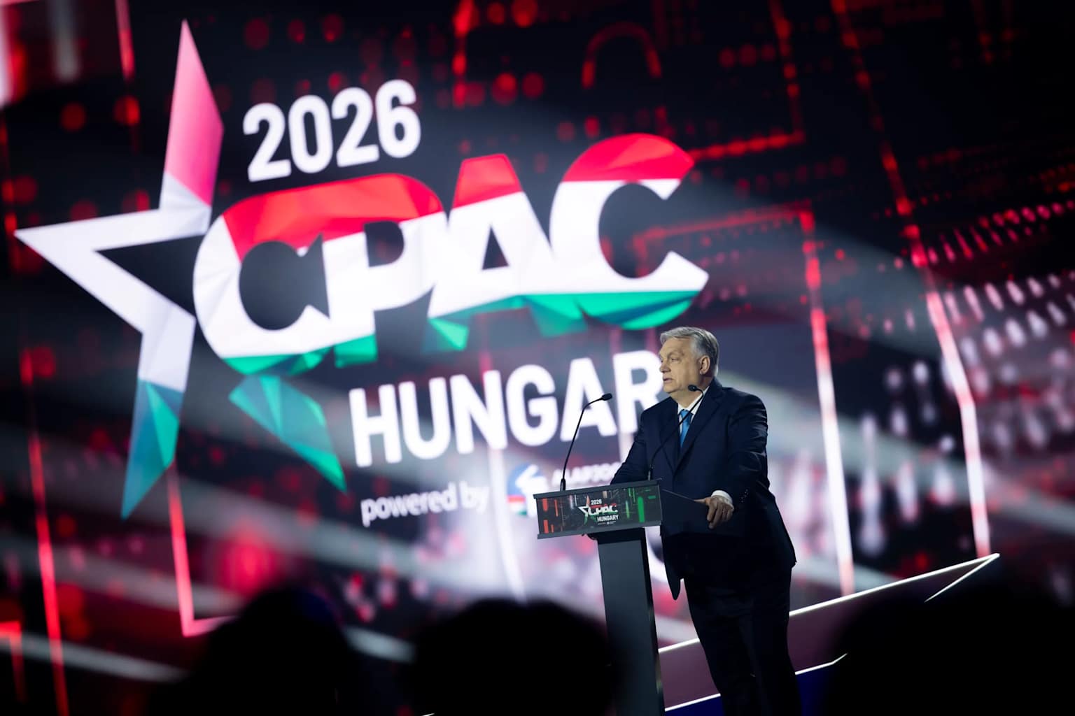 Keynote stage at CPAC Hungary 2026 conference in Budapest with VanBudapest professional transportation available