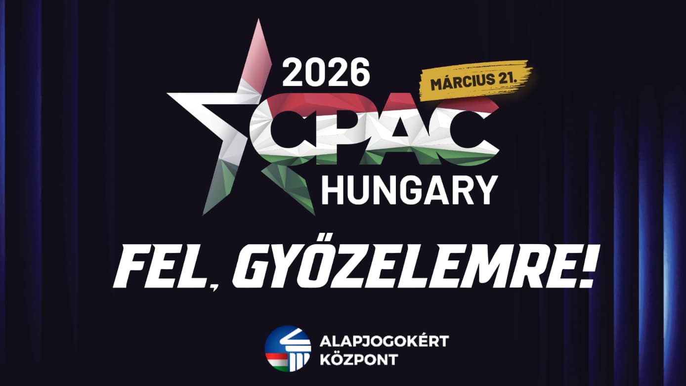 CPAC Hungary 2026 On to Victory poster with Hungarian flag at Budapest conference venue