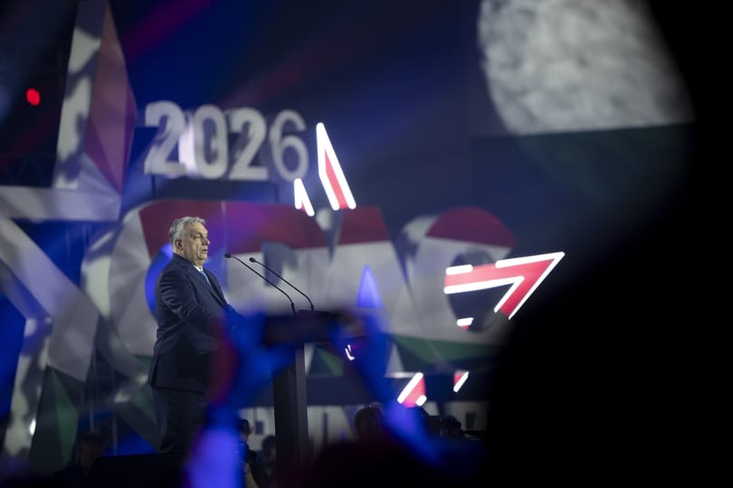 CPAC Hungary 2026 stage with audience and dramatic red backdrop in Budapest venue