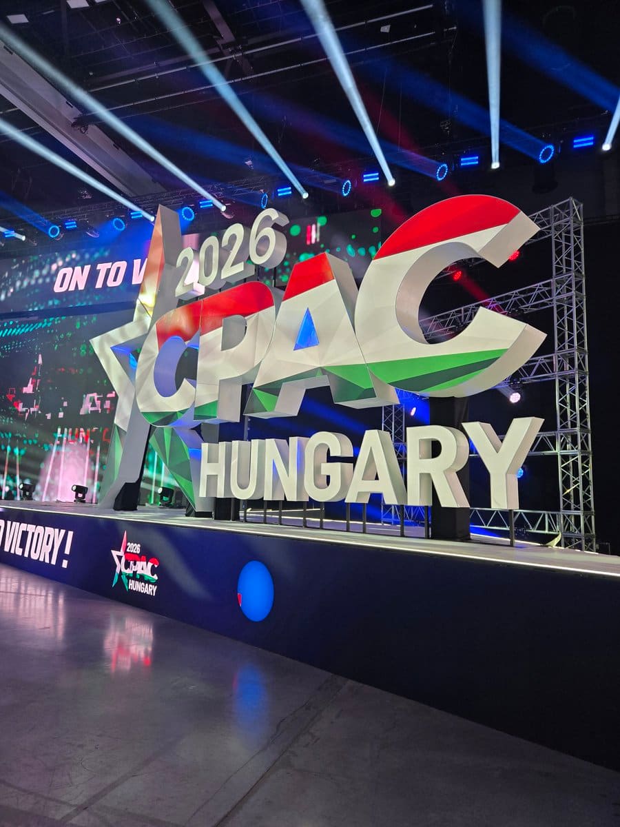 Victory stage banner at CPAC Hungary 2026 with On to Victory messaging in Budapest
