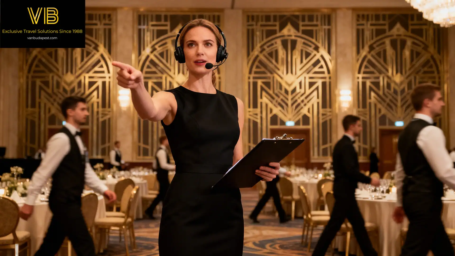 Event coordinator directing operations in a grand ballroom