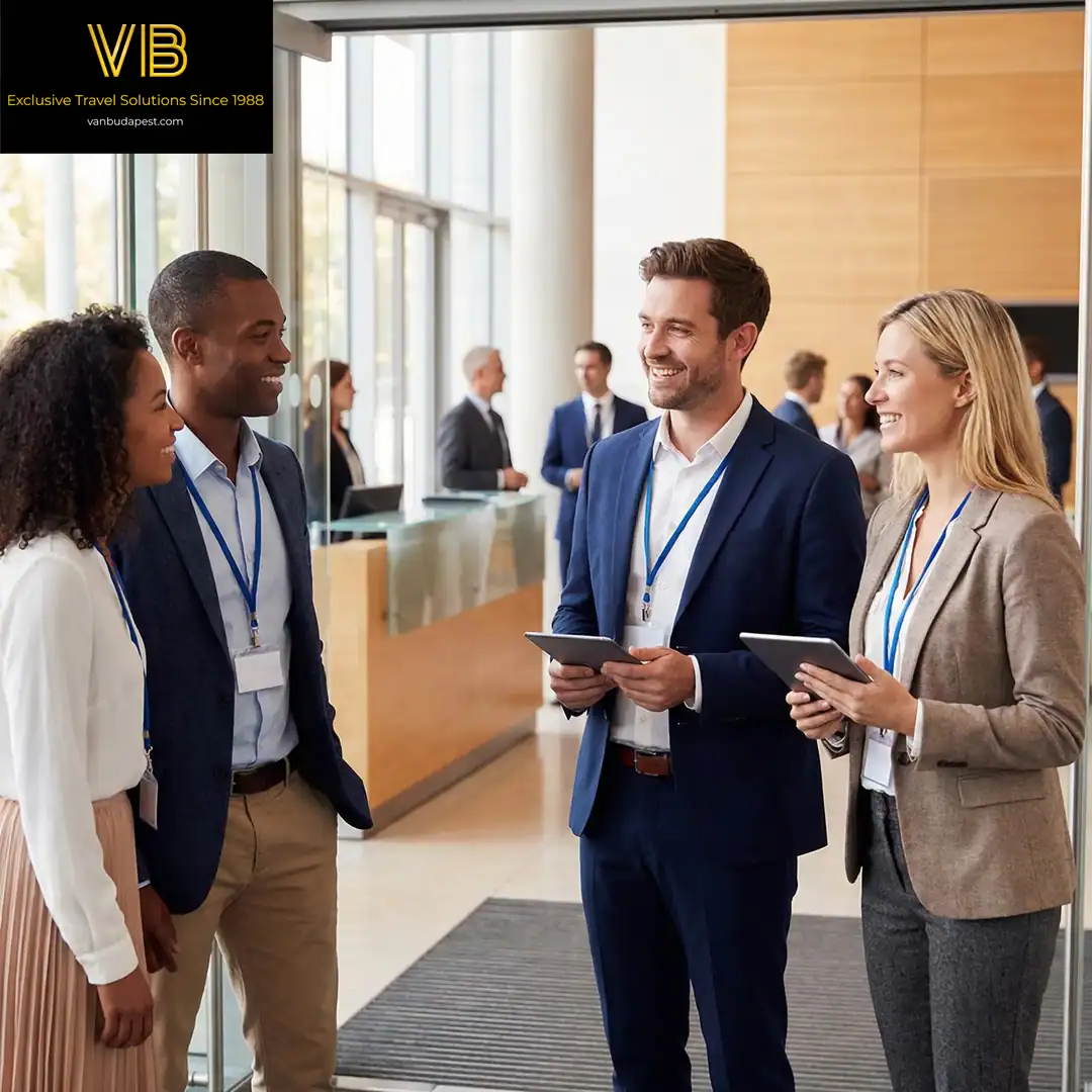 Event staff greeting delegates at a corporate venue