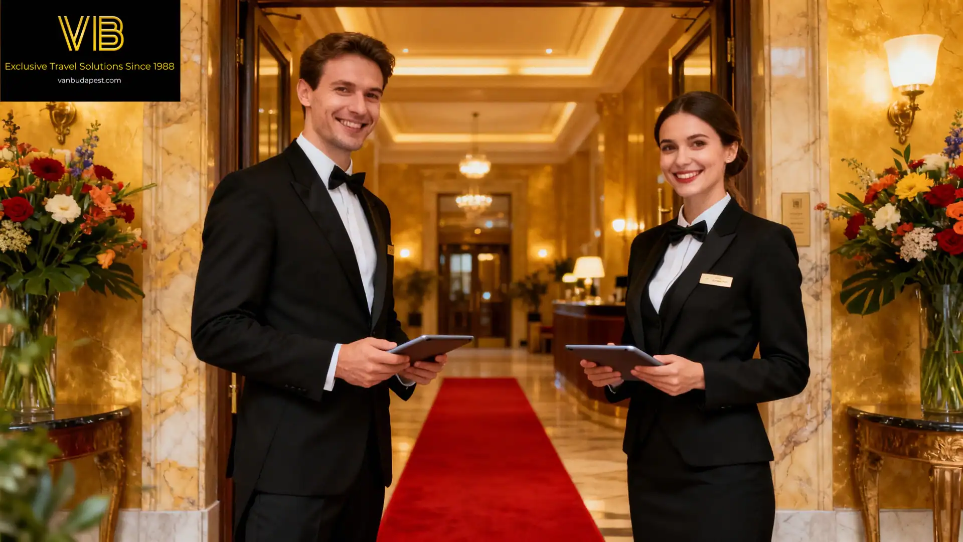 VIP hosts welcoming guests at a luxury hotel entrance