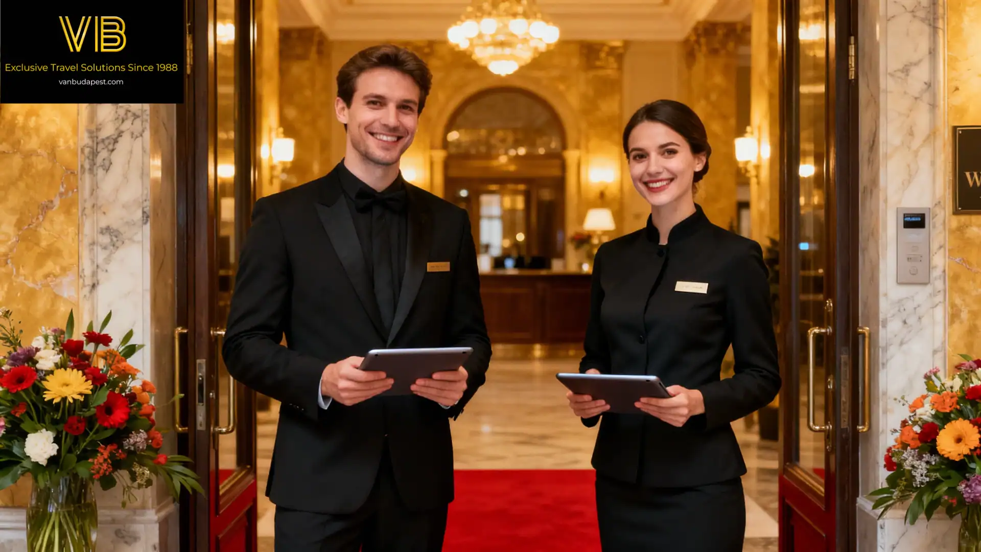 VIP hosts with tablets at a luxury hotel reception