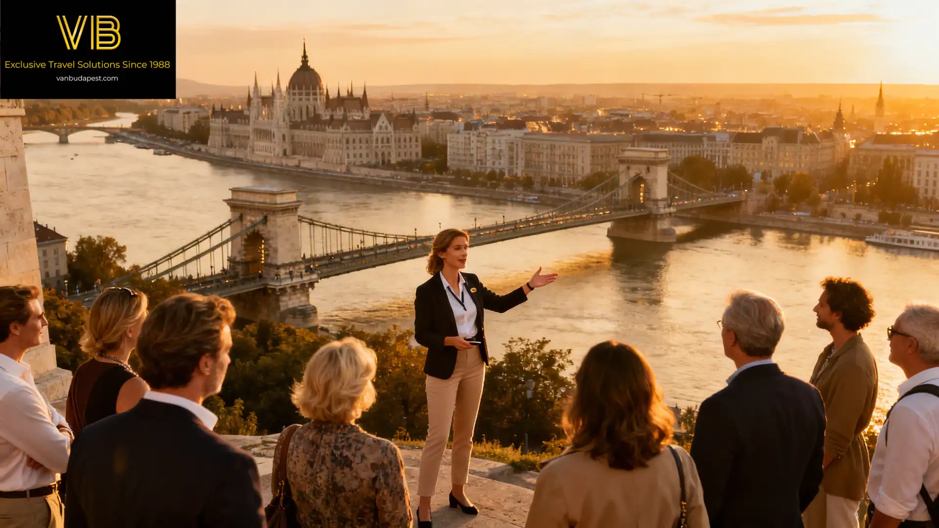 Private tour guide presenting the Budapest panorama to VIP guests at sunset
