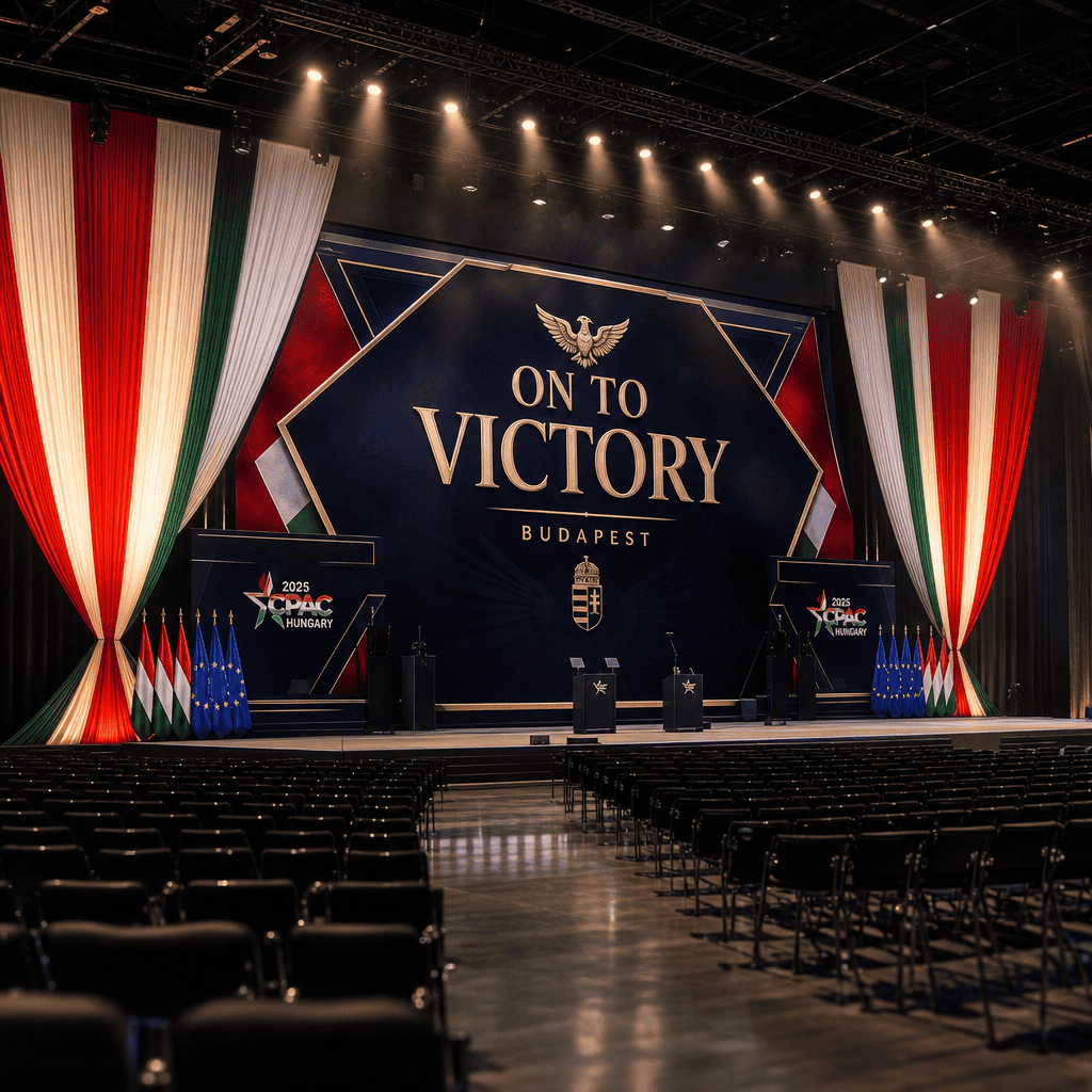 CPAC Hungary 2026 On to Victory poster with Hungarian flag at Budapest conference venue