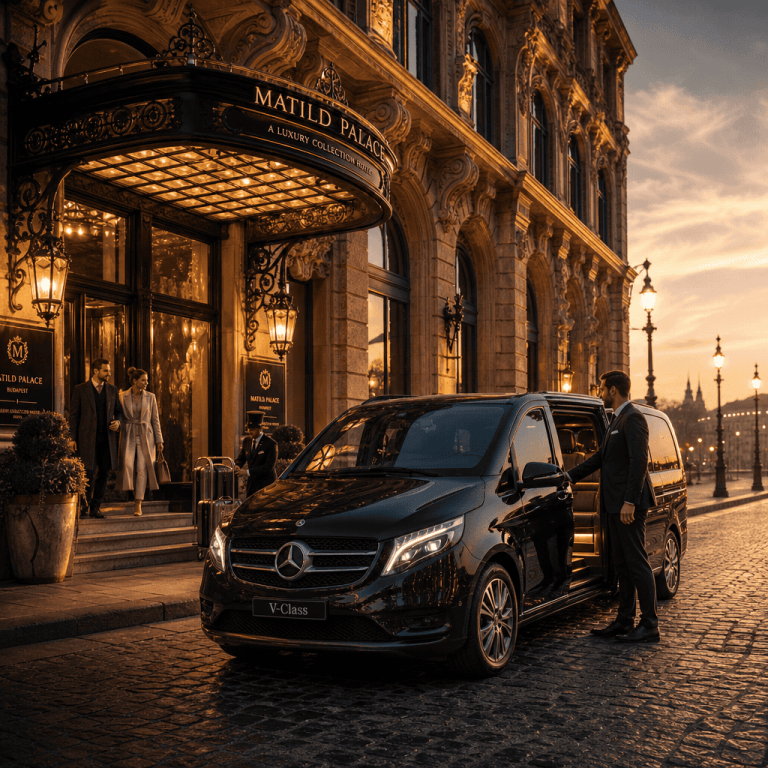 Illustrative chauffeur beside a black Mercedes-Benz V-Class at a Matild Palace entrance
