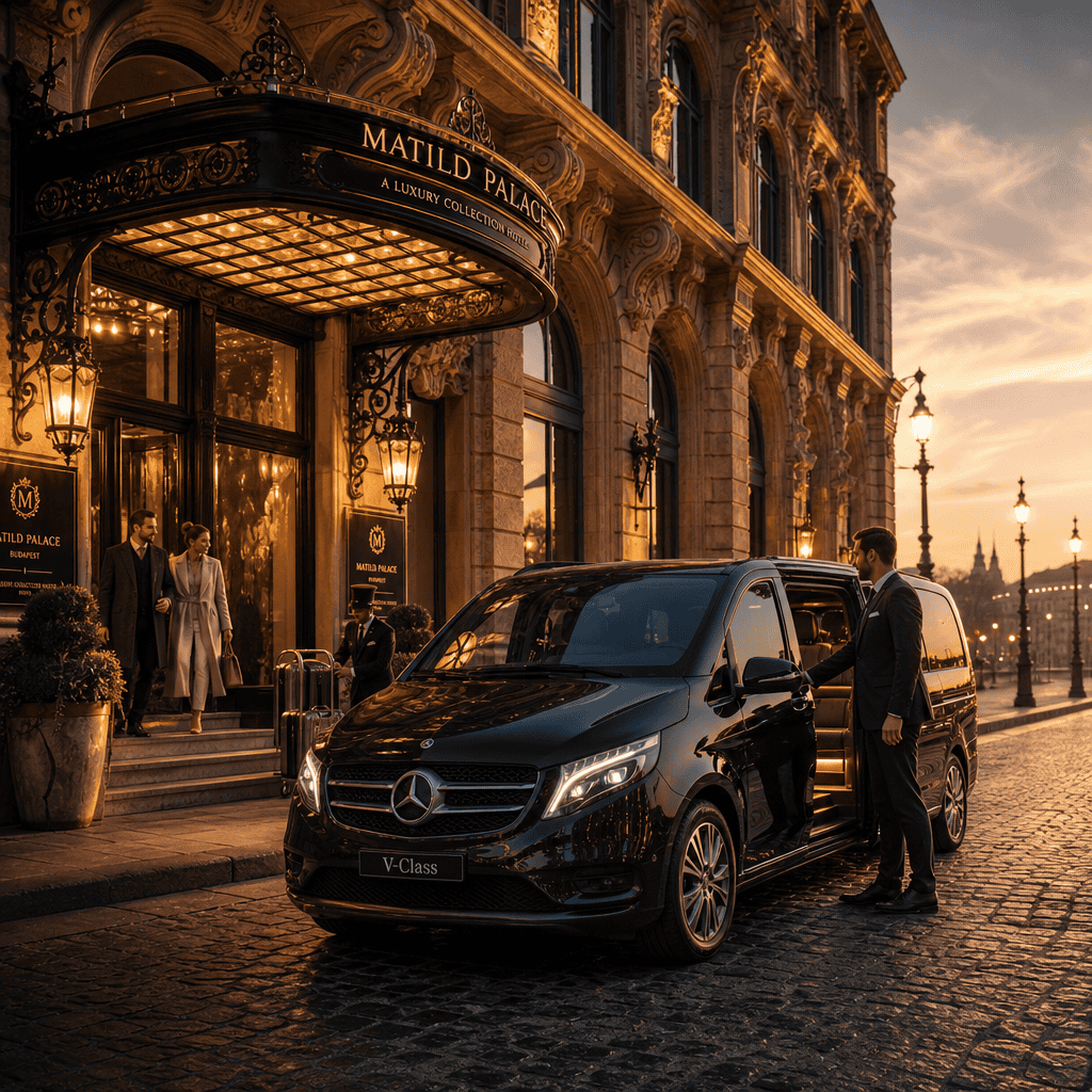 Mercedes-Benz V-Class and chauffeur outside the illuminated Matild Palace entrance in Budapest
