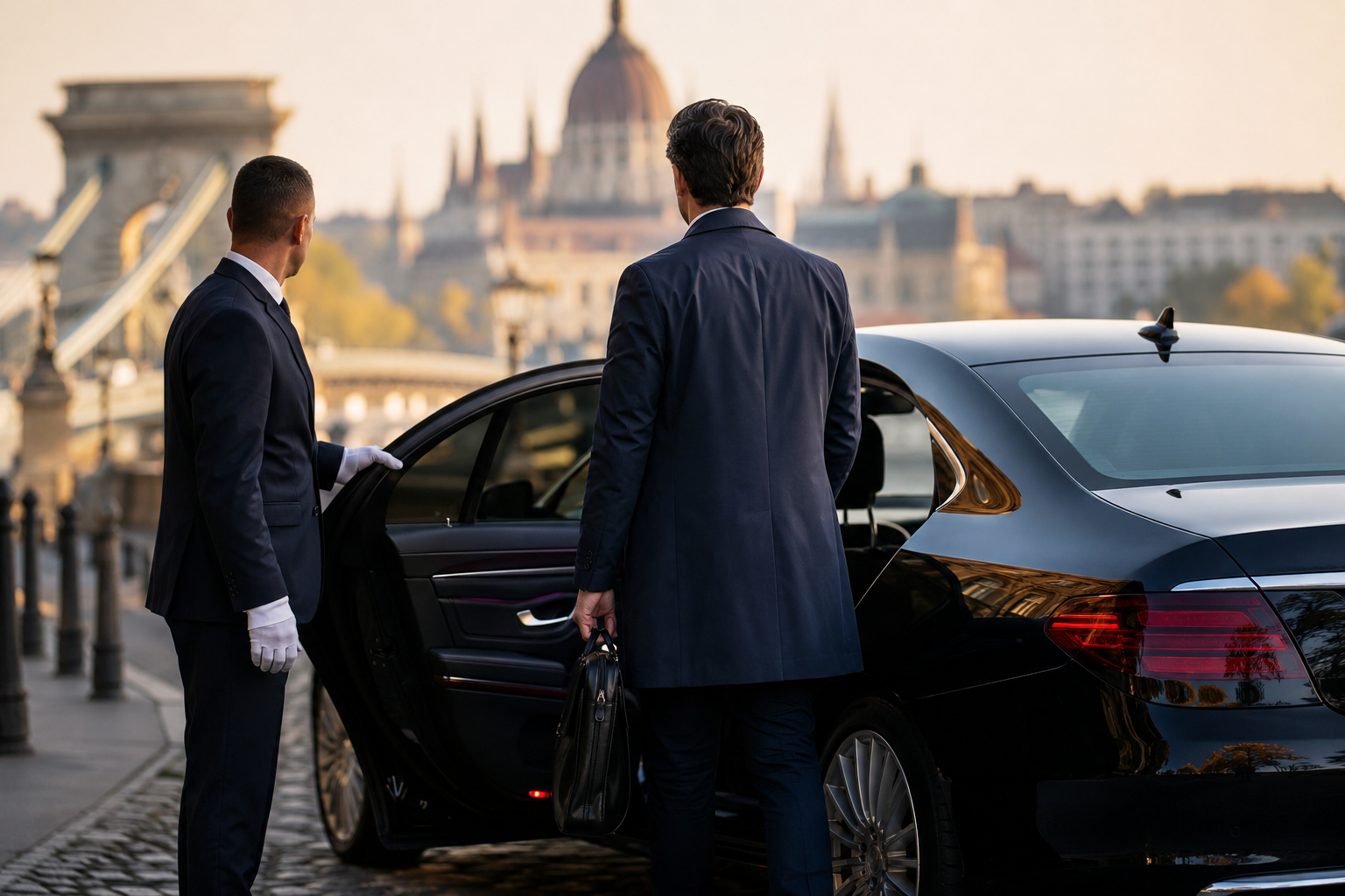 A professional chauffeur welcomes an executive beside a Mercedes-Benz sedan in central Budapest.