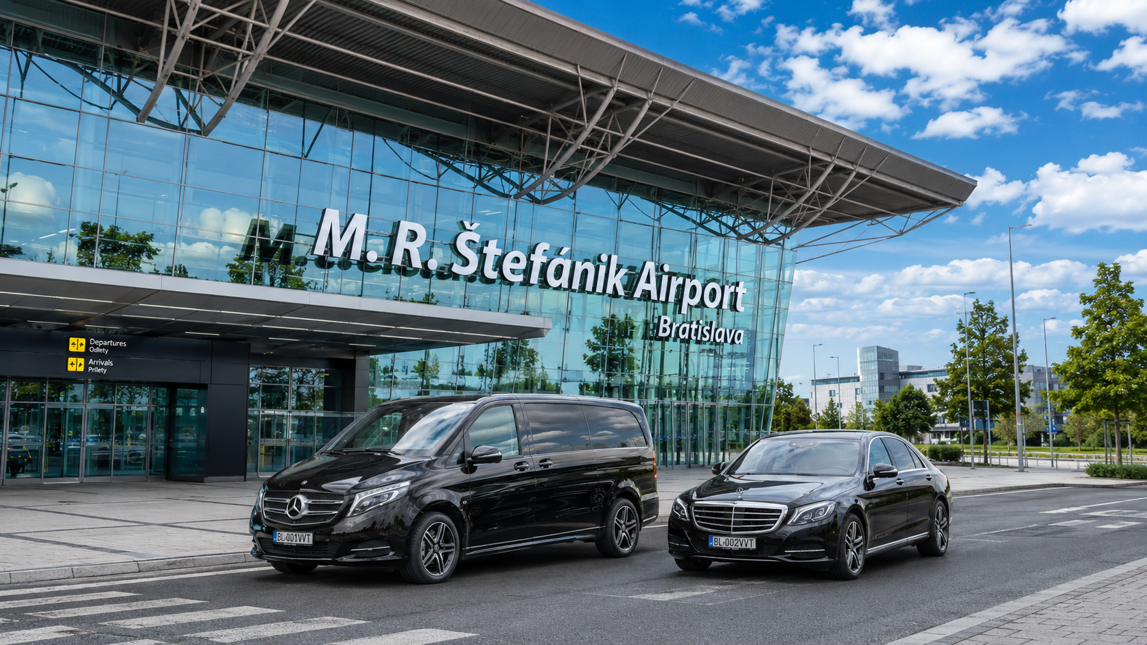 One fleet, one planned route &mdash; Mercedes-Benz vehicles positioned at the terminal