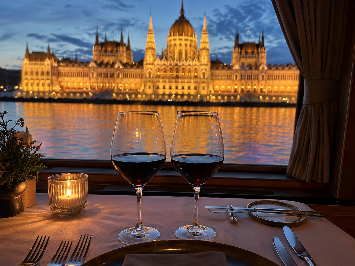Two glasses of red wine on a set table beside a panoramic window framing the illuminated Parliament