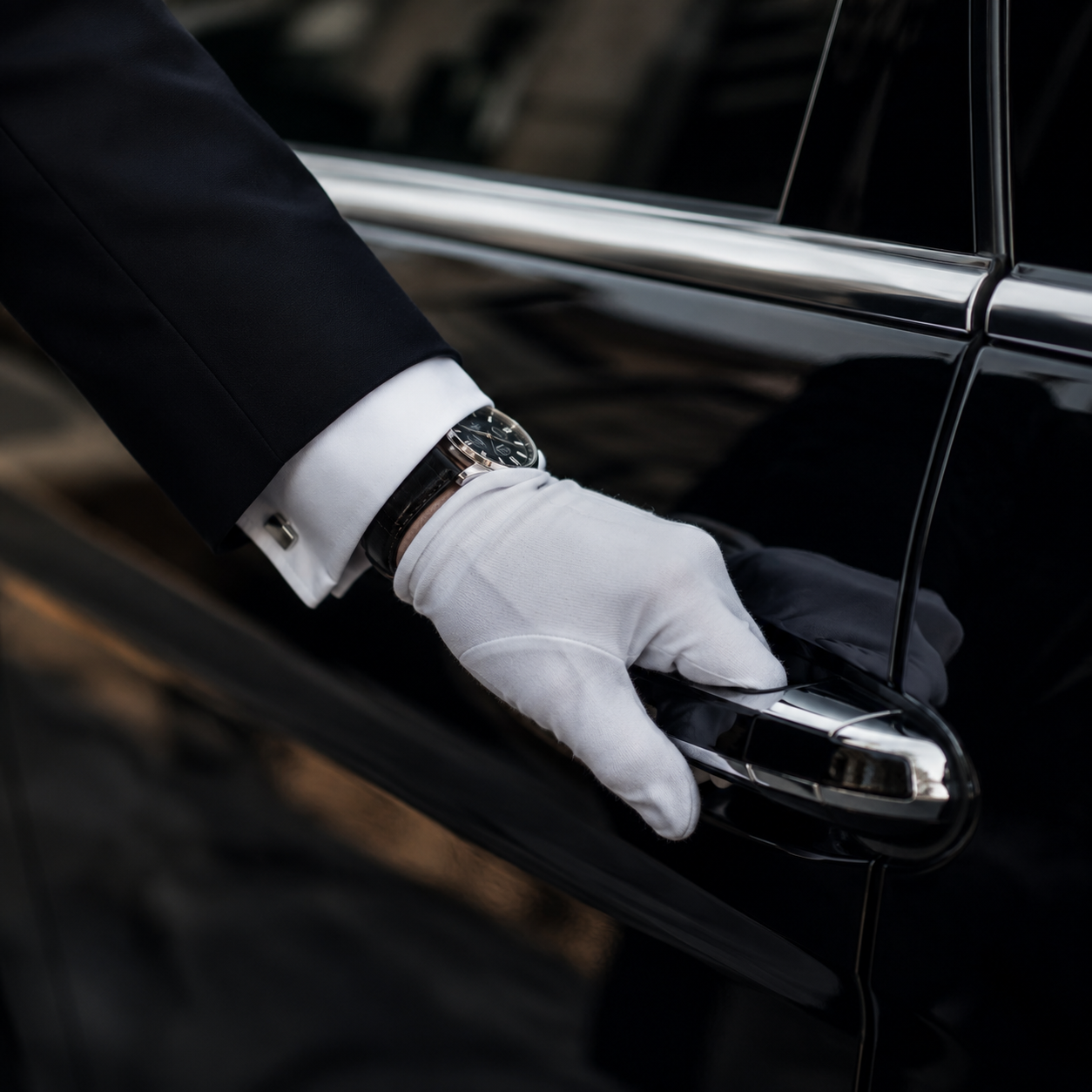 The quiet detail — white-glove door service from a professional chauffeur.