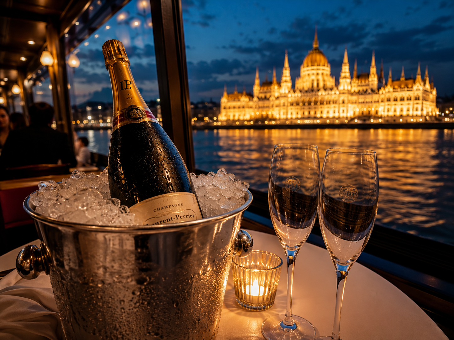 Luxury champagne celebration with Budapest Parliament Building illuminated at night, premium private
