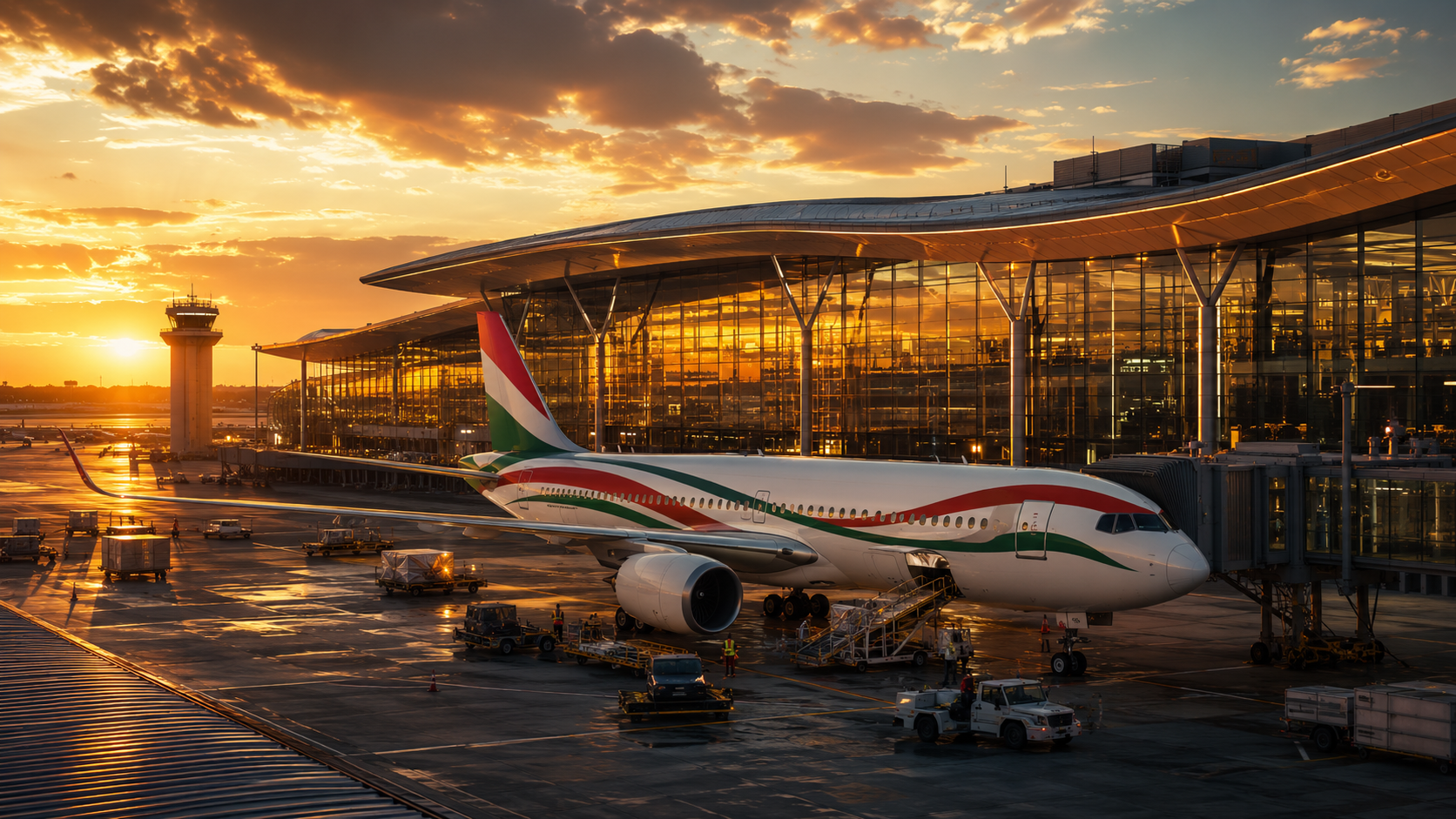 An aircraft at the gate as the terminal catches the evening light