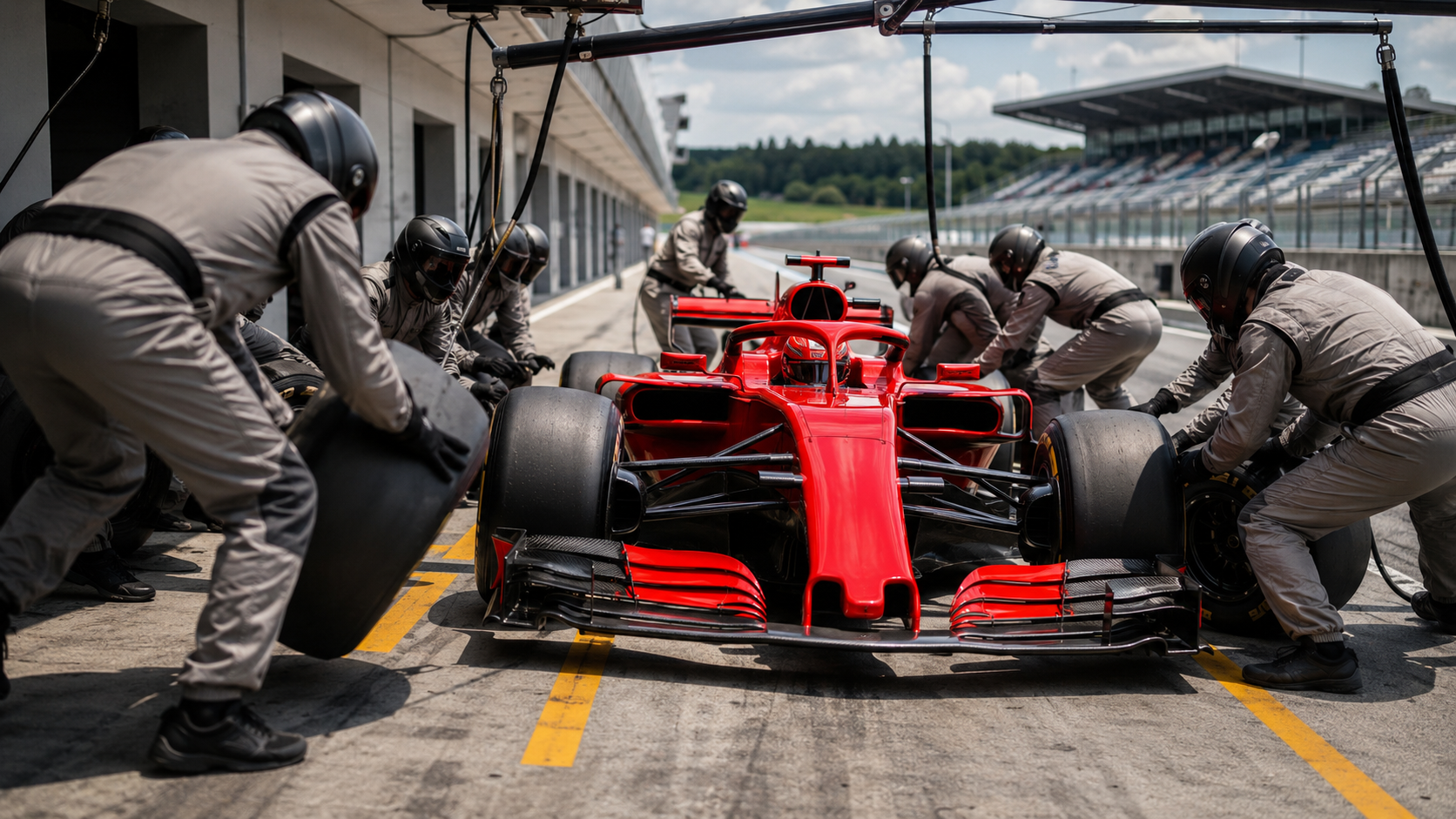 Formula 1 pit crew during a pit stop