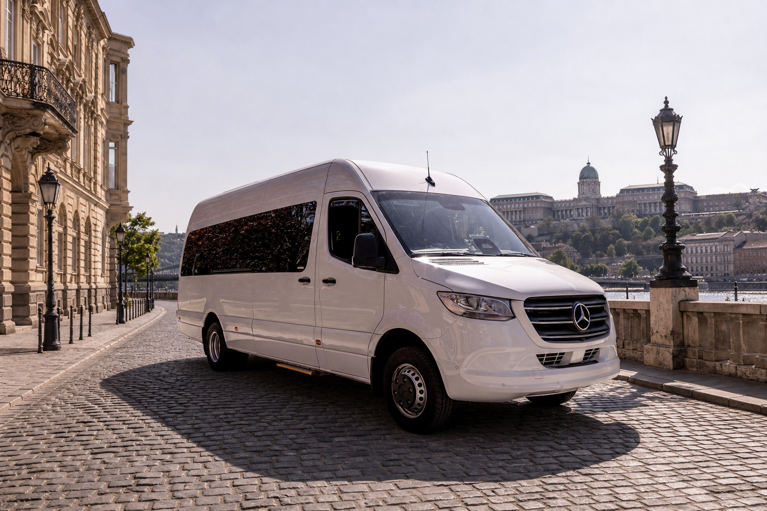 White Mercedes-Benz Sprinter minibus near Budapest Castle