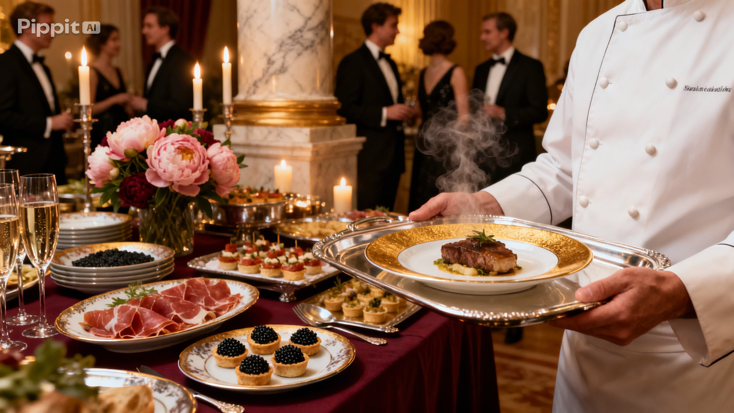 Chef serving a plated four-course dinner to elegantly dressed guests at a candlelit table