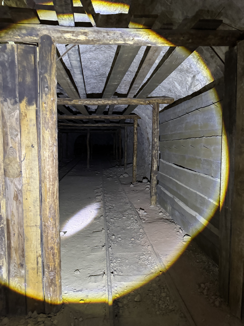 Timbered passages stretching into black