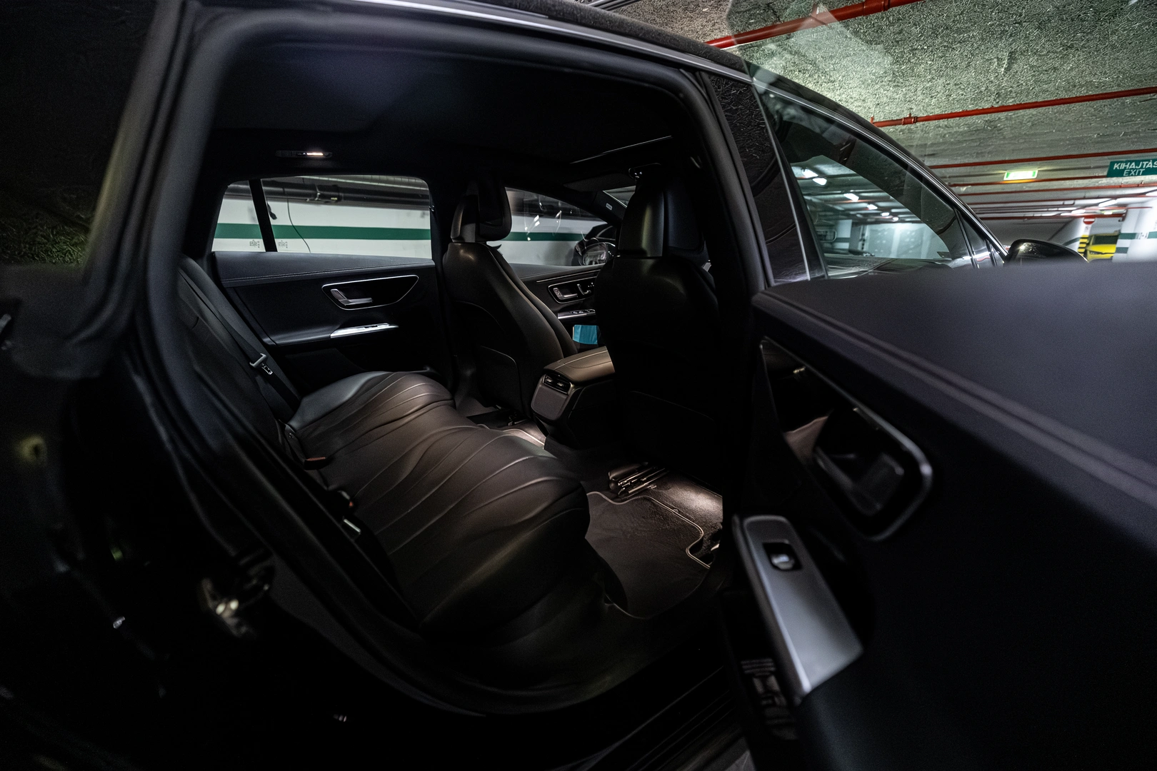 Mercedes-Benz EQE — a calm, ambient-lit interior.