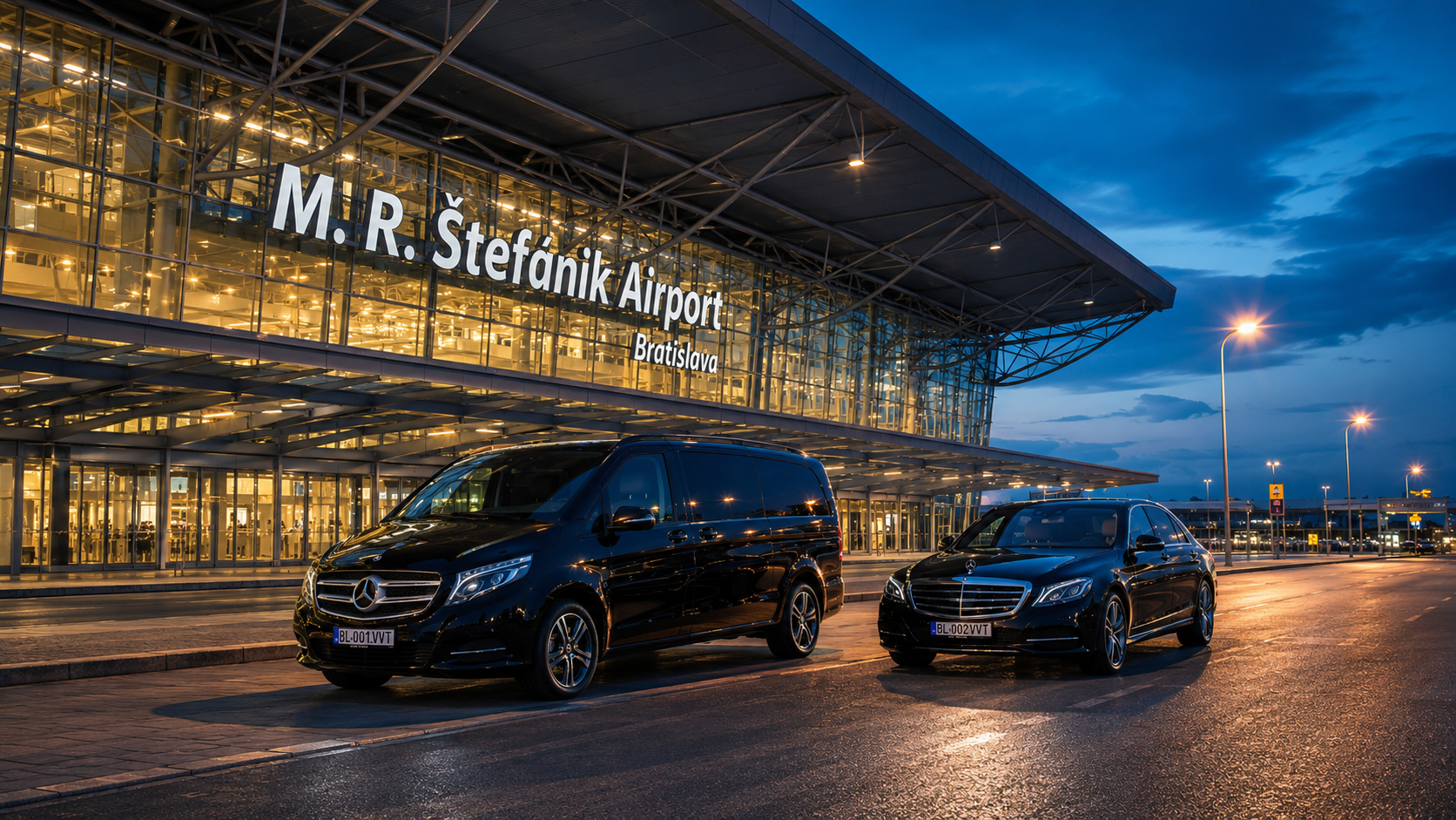 Arrival at Bratislava Airport (BTS) &mdash; the VanBudapest.com fleet waiting at the M. R. Štef&aacute;nik terminal at dusk