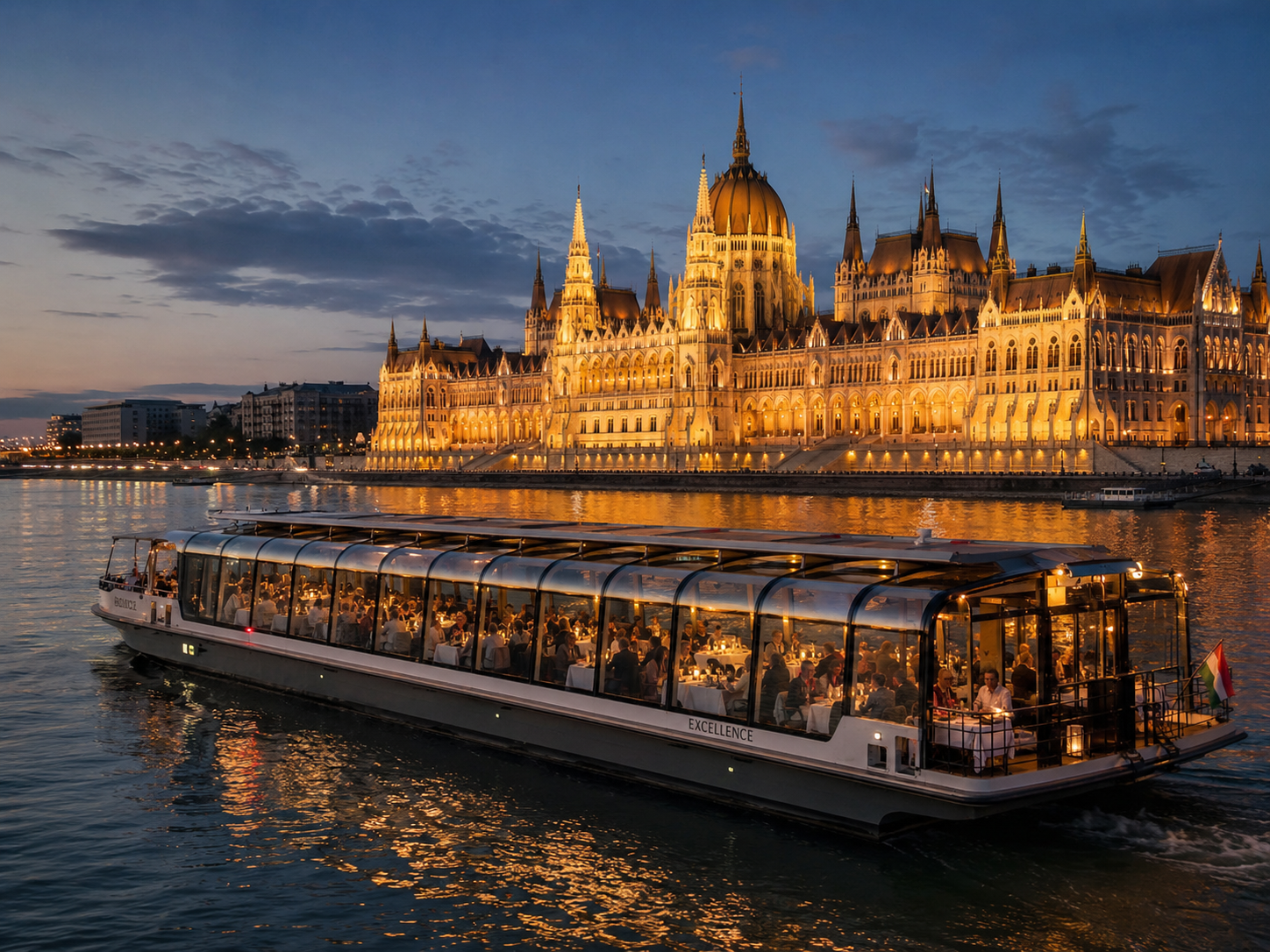 Glass-roofed dinner cruise boat gliding past the illuminated Hungarian Parliament during blue hour