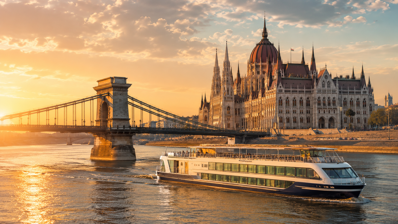 River cruise boat passing the Chain Bridge in golden sunset light in Budapest