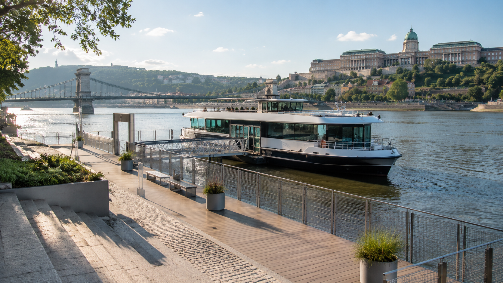 Riverside cruise dock on the Danube with a moored boat, Buda Castle and Chain Bridge in the background