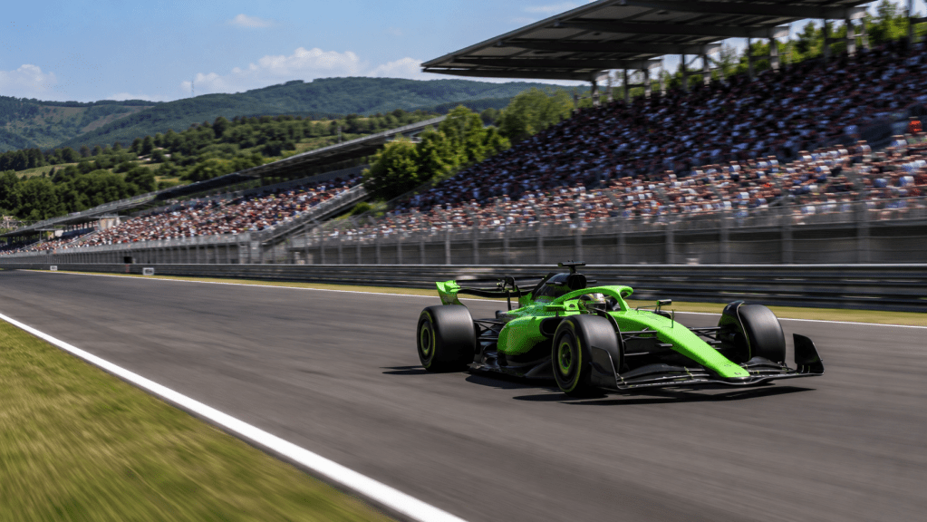 Illustrative Ansicht eines Rennwagens und Tribünen am Hungaroring