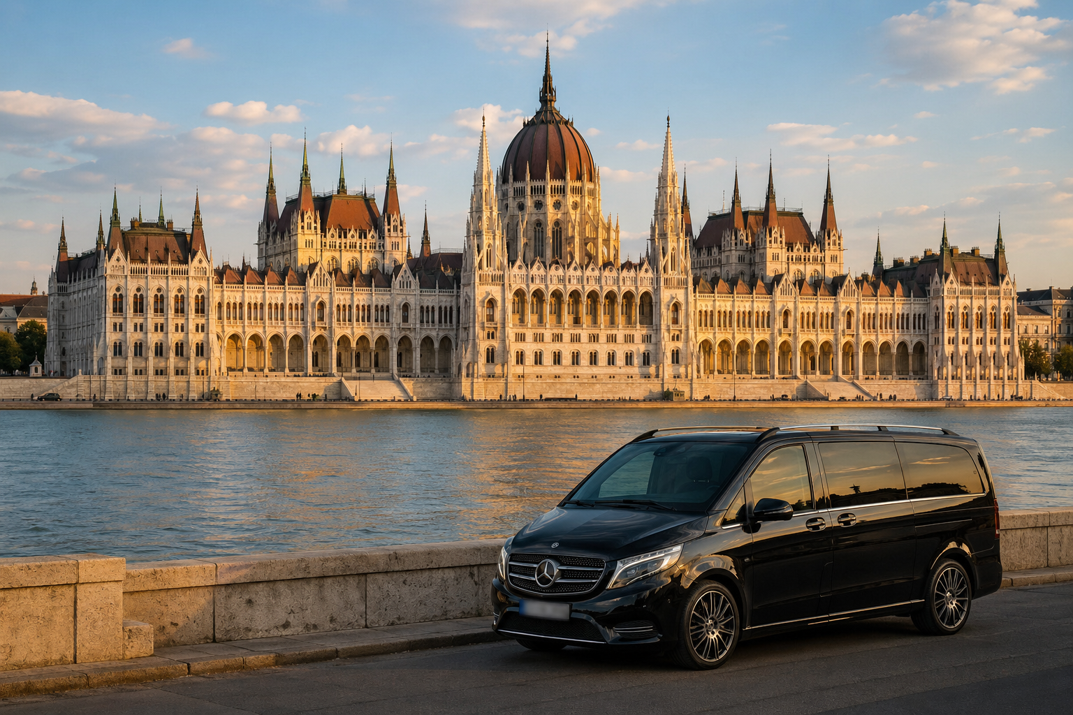 Departure from Budapest &mdash; a private chauffeur waiting by the Danube and the Hungarian Parliament
