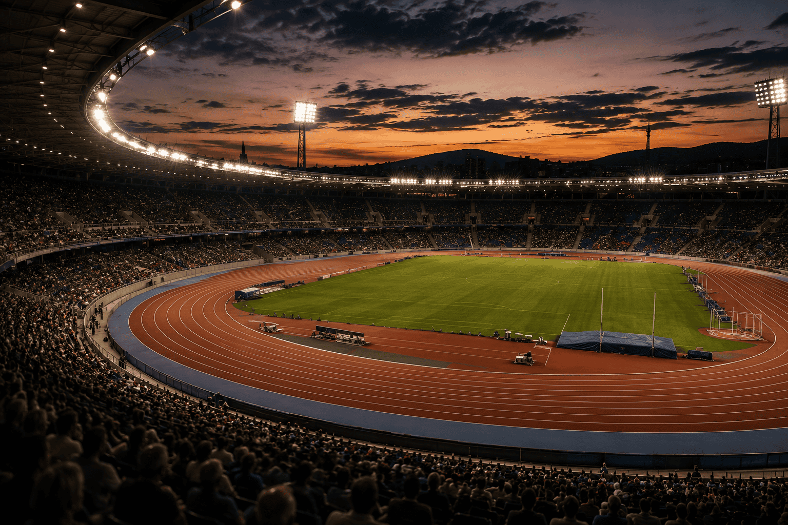 Floodlit athletics stadium with a full crowd during an evening session