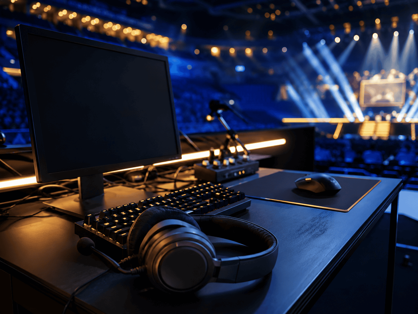 Gaming setup with monitor, keyboard and headset at a tournament venue