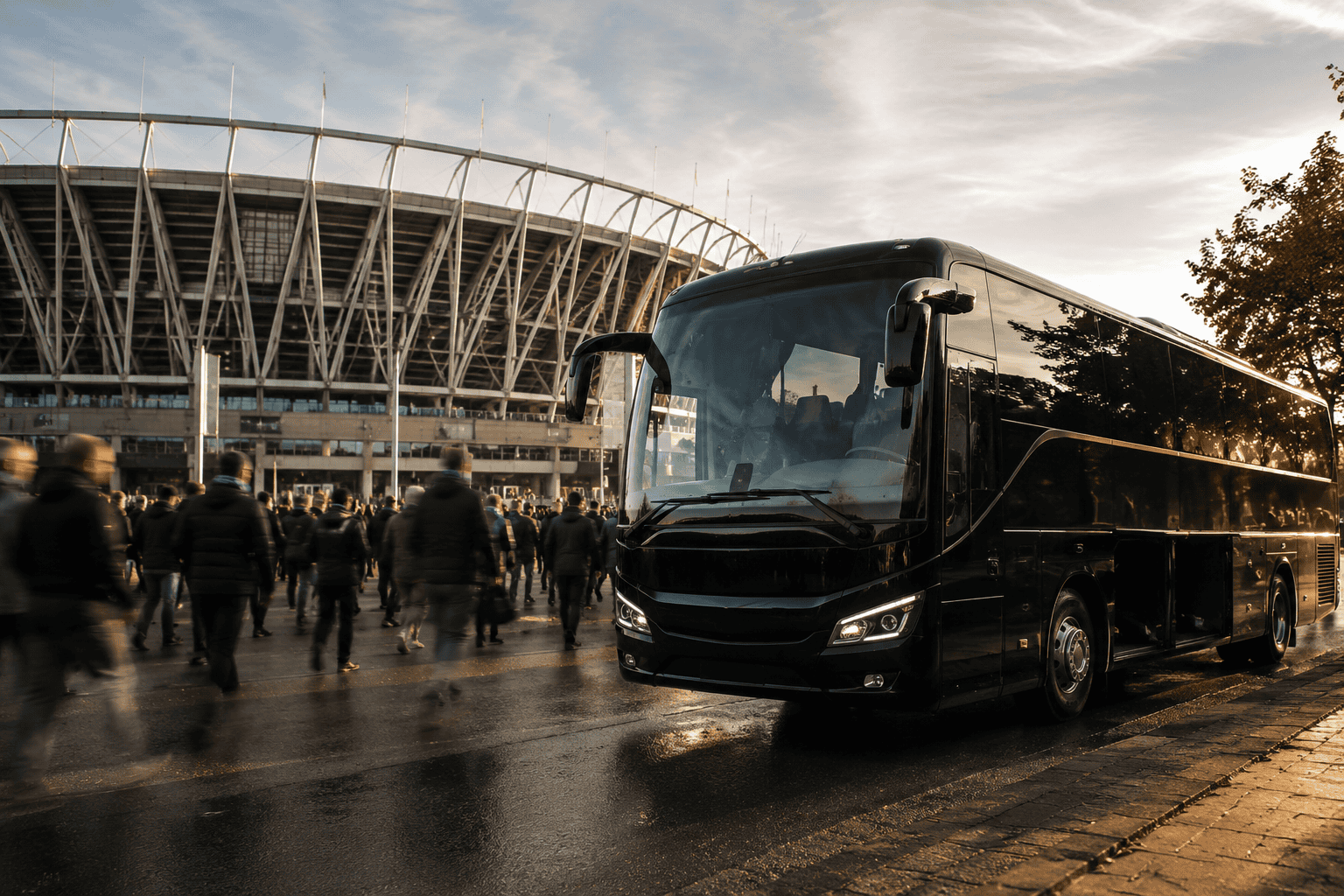 A group coach outside a football stadium