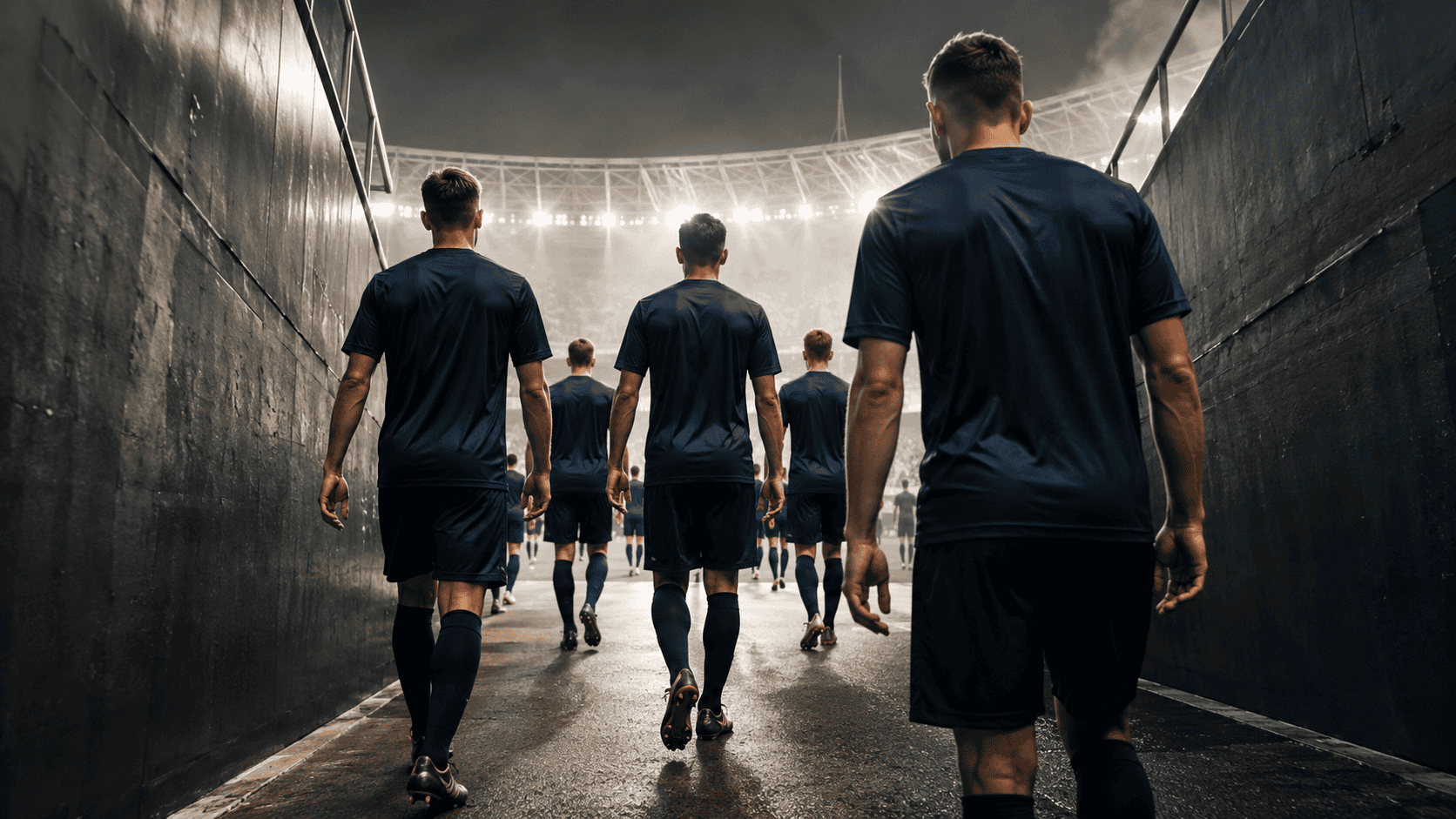 Football players and staff walking through a stadium tunnel