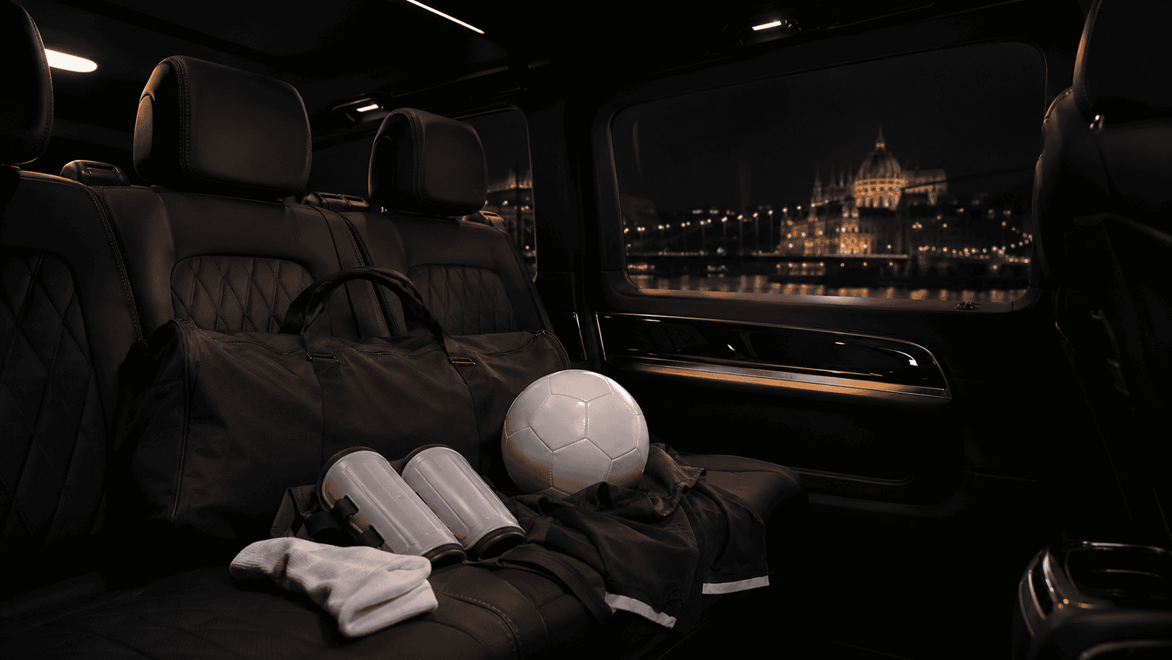 A premium passenger vehicle interior prepared for a football journey