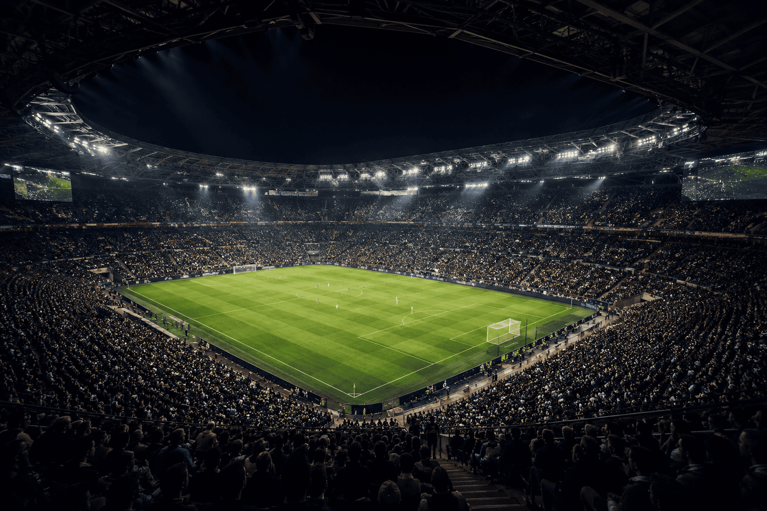 An illuminated football stadium prepared for an evening match