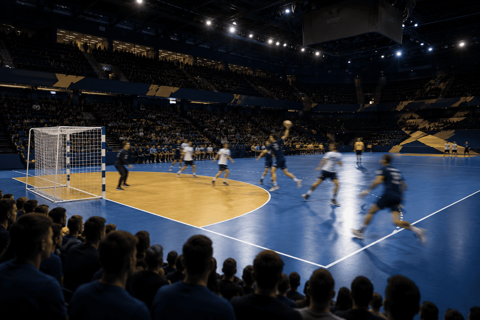 Handball match in progress in front of a packed crowd