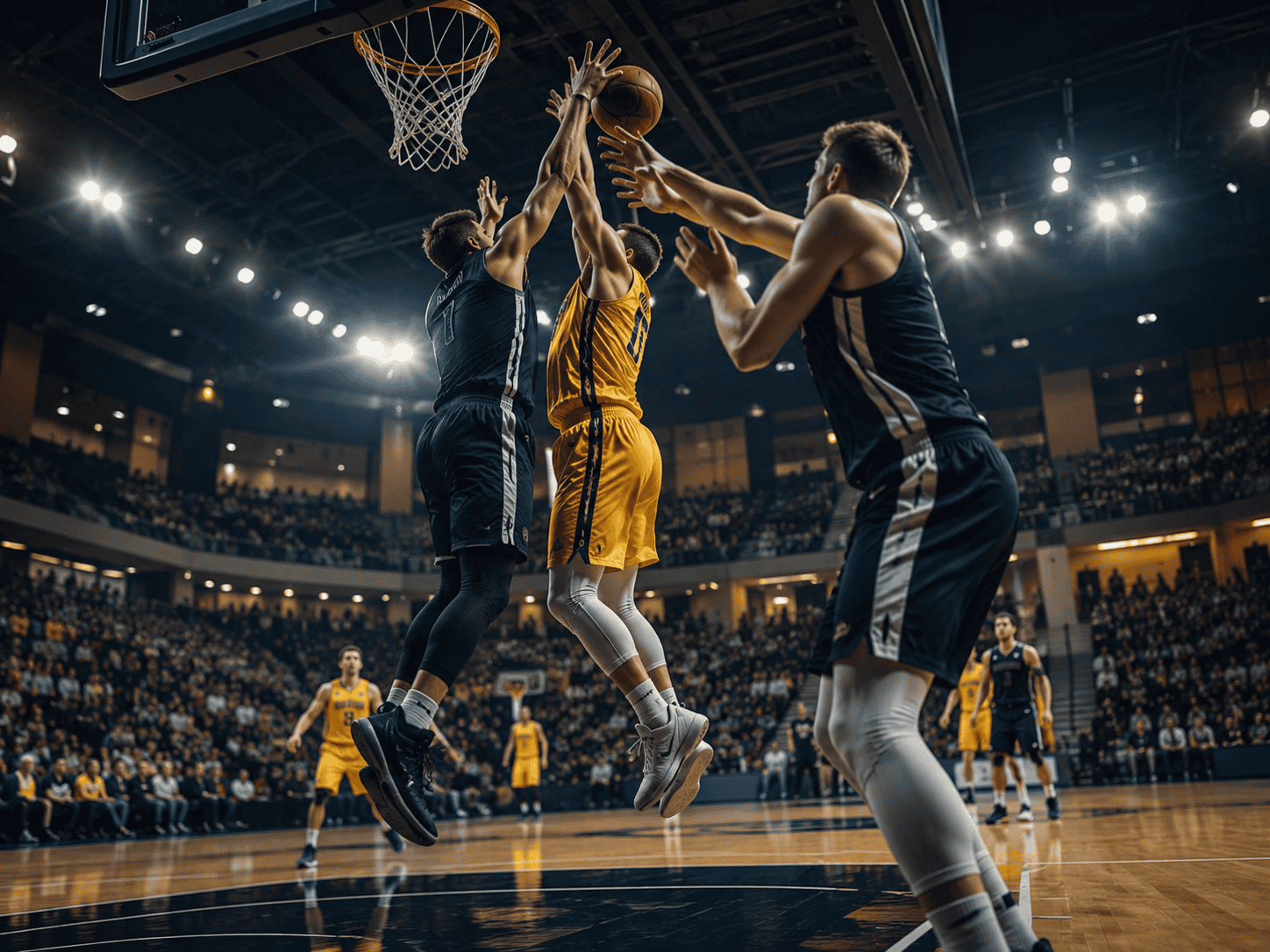 Players contesting a shot at the rim