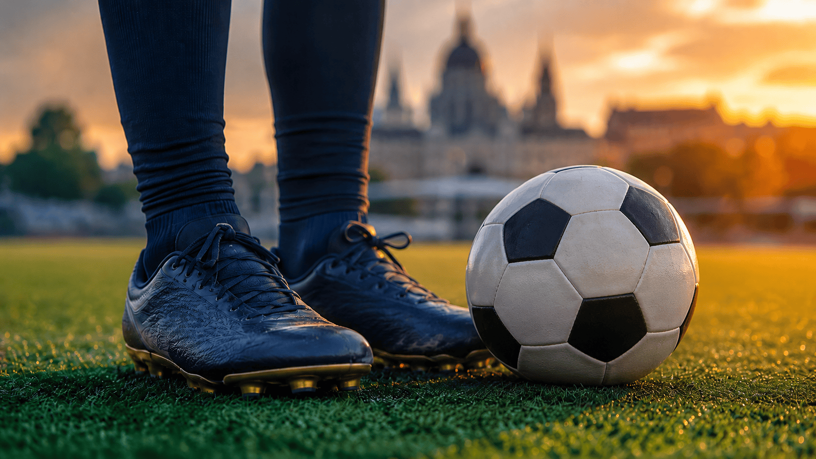 Football and boots with the Budapest Parliament in the distance at sunset