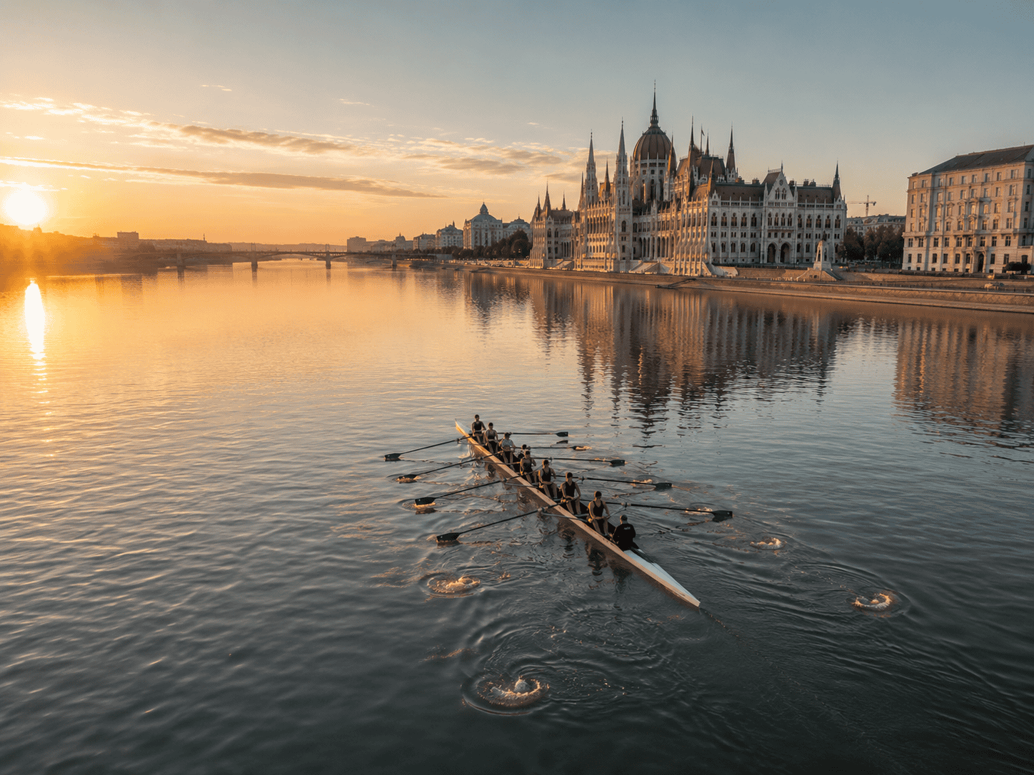 Eight-oar rowing boat on the Danube at sunrise with the Parliament behind it